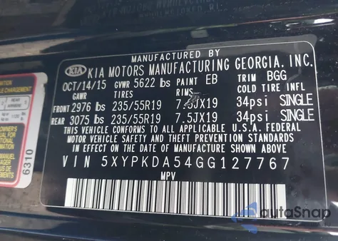 2016 Kia Sorento 3.3L Sx из США, поврежденный, VIN 5XYPKDA54GG127767